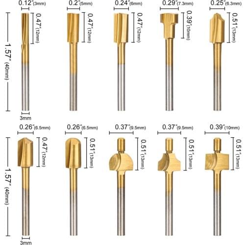 10pcs 1/8" HSS Wood Router Bits Files Titanium Coated Mini 3mm Wood Cutter Milling Fits Dremel Rotary Set Carpenter Tool w/ Case