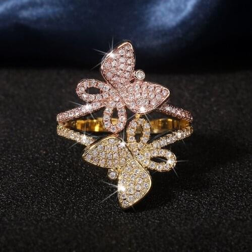 Funmode Fashion Design Butterfly AAA Cubic Zircon Pave Two Tones Finger Ring For Women Wedding Party Jewelry Wholesale FR194
