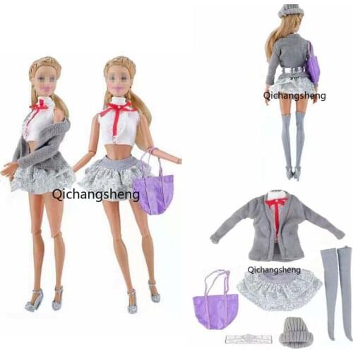 7 items/set Classic Gray Knitted 1/6 BJD Doll Outfits For Barbie Clothes Hat Sweater Coat Shirt Skirt Bag Socks Dolls Accessory