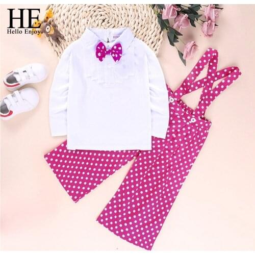 HE Hello Enjoy Girls Clothes Sets Autumn New Princess Long Sleeve Shirt Bowknot + Polka Dot Pants Children Clothing Party Suit