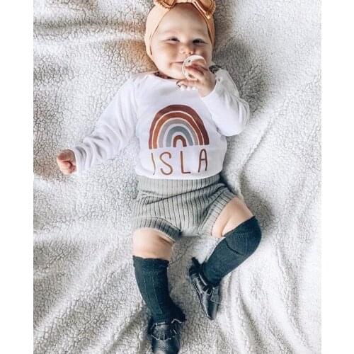 PUDCOCO Baby Girls 3Pcs Outfit Set Rainbow Letter Long Sleeve Romper Ribbed Triangle Shorts Pants Bow Hair Band Set 0-24M