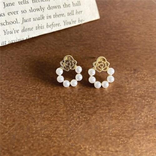 Korean Style Simulated Pearl Drop Earrings for Women 2020 New Round Hollow Flower Earring Female Fashion Party Jewelry Gifts