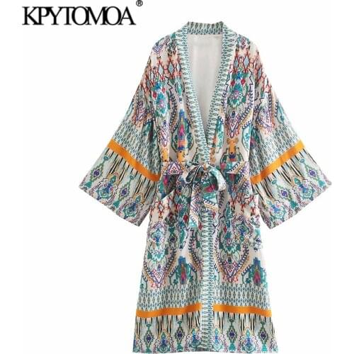 KPYTOMOA Women 2021 Fashion With Belt Totem Print Kimono Blouses Vintage Three Quarter Sleeve Side Vents Female Shirts Mujer