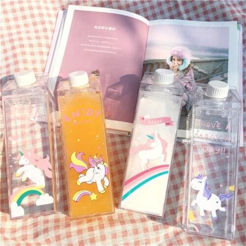 Creative Plastic Clear Fresh Milk Carton Water Bottle Unicorn Strawberry Transparent Milk Box Juice Water Cup Cute Wholesale