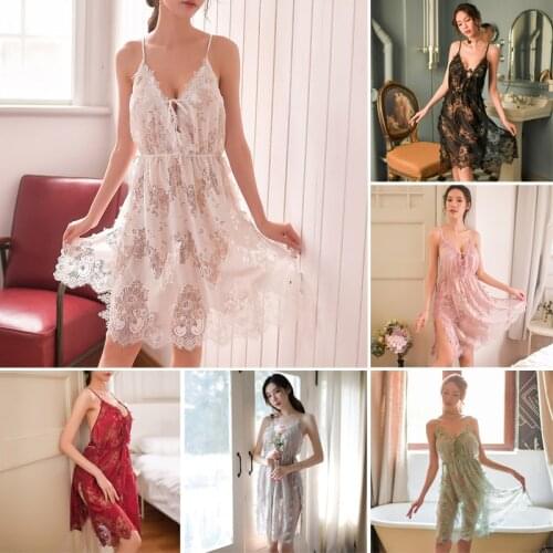 Lovely Summer Women Nightwear Sling Dress Sleepwear Lace Perspective Deep-V Neck Temptation Solid Color Nightdress SN-Ho