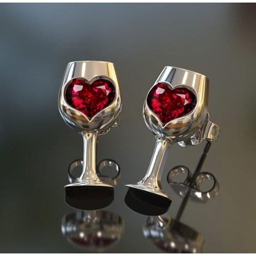 WAWFROK Womens Fashion Stud Earrings Stainless Steel Wine Glass Style Earrings Set Heart Red Stone Earrings for Women