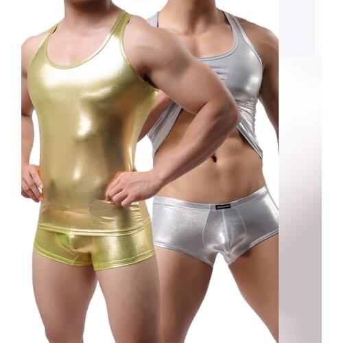Plus Size M/L/XL Mens Sexy Vest Faux Leather Gold/Silver Tank Tops For Male Gay Wear Mens Undershirts Lingerie Tees