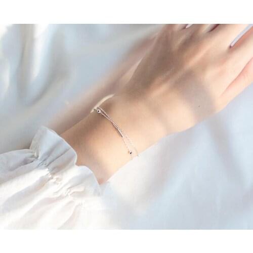 100% Authentic Real. 925 Sterling Silver Fine Jewelry Double-Rows straight Bar with Lucky round beads Chain Bracelet GTLS709