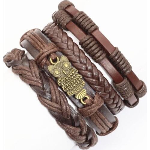 Free shipping 4 Pcs/set Star Feather Owl Charm Beads Leather Men Bracelets Women Femme Homme Male Jewelry