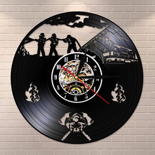 Fire Department Modern Vintage Firefighting Office Vinyl Record Wall Clock Rescue Silhouette LED Light Wall Watch
