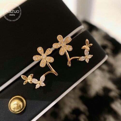 Aazuo 18K Pure Yellow Gold Rose Gold Real Natural Diamond 0.25ct Fairy butterfly Flower Stud Earring Gift for lady WeddingParty