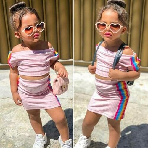 2PCS Fashion Tracksuit Toddler Kids Baby Girls Clothes Striped Off Shoulder Short Sleeve Crop Tops Bodycon Skirt Outfit Cotton