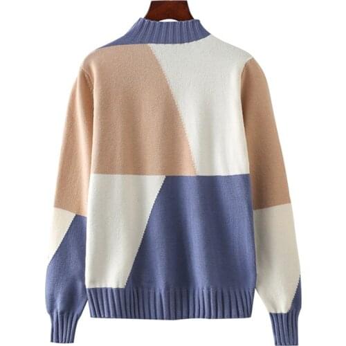 PERHAPS U Women Sweater Knitted Blue Khaki Patchwork Stand Collar Thin Geometric Autumn Casual M0061