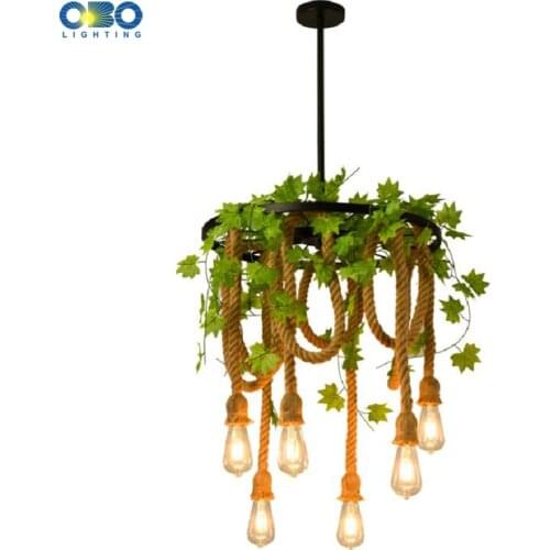 Vintage Pendant Lamp Hemp Rope Iron Circle Greenery E27 Bar/Restaurant/Coffee Shop Indoor Lighting 6 Heads Retro American Lights