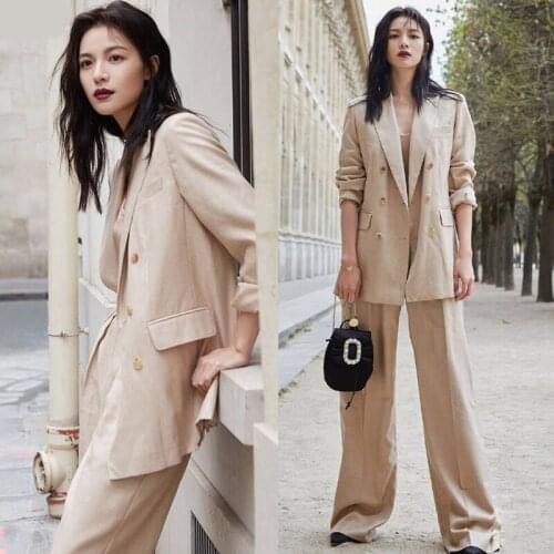Explosion star with the same temperament high quality beige suit high waist wide leg pants fashion OL suit suit two-piece women