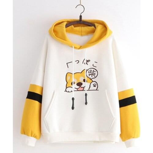 Women Japanese Puppy Color Block Kawaii Hoodie Long Sleeve Dog Ear Hat Trendy Pullover Sweatshirt Tops Sweat Capuche Femme
