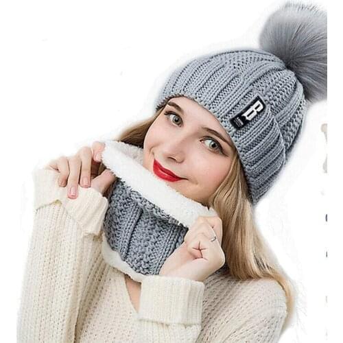 Womens Pom Beanie Hat Scarf Set Girls Cute Winter Ski Hat Slouchy Knit Skull Cap with Fleece Lined