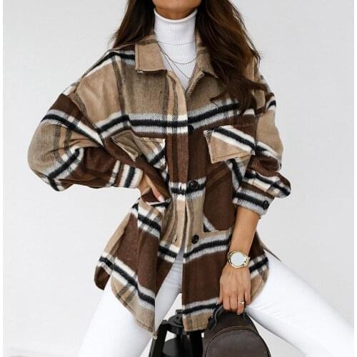 2021 Womens Turn Down Collar Coat Long Sleeve Pockets Single-breasted Plaid Jacket Coat Autumn Winter Loose Lady Outwear пальто