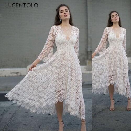 Women Party Dress Sexy Lace V-neck White Long Sleeve Dresses Ladies Elegant Big Swing Empire Thin Princess Dress