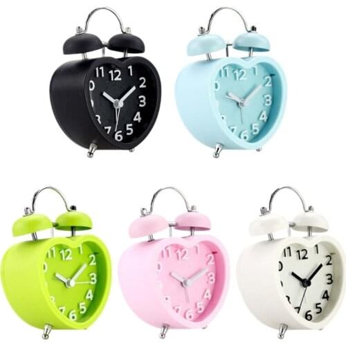 3D Dial Loud Twin Bell Alarm Clock Silent Analog Quartz Nightlight Clock Heart S