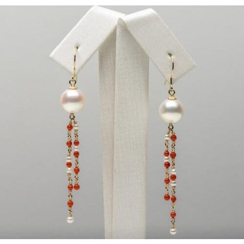 9.25mm White Genuine Akoya Pearl Red Coral Long Drop Earrings 18k Yellow Gold