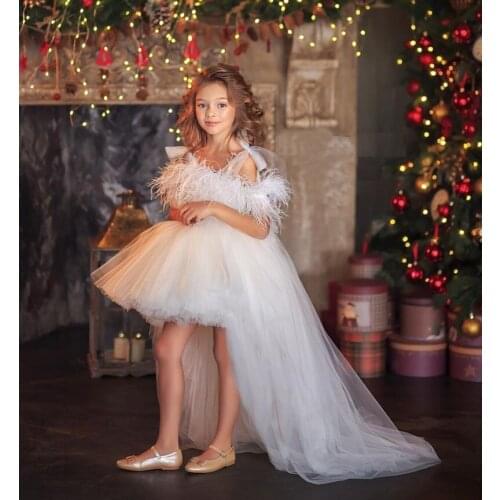 White High-Low Dress Fether Flower Girl Dresses Lace Girls Pageant Gowns Children Kids Prom Party Dresses