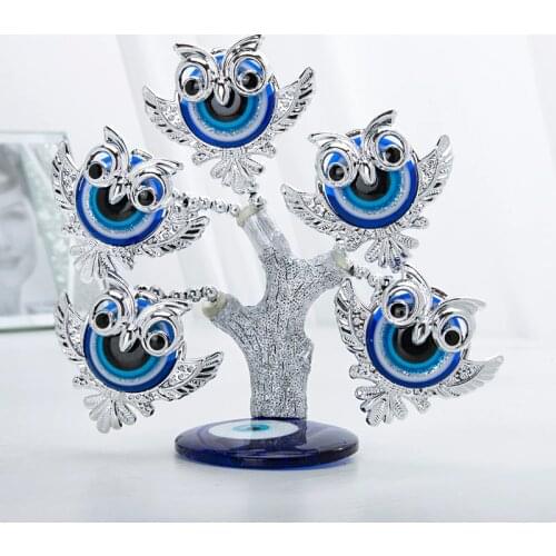 H&D Blue Evil Eye Tree Feng Shui Owl Decorative Collectible Housewarming Gift Showpiece for Protection,Good Luck & Prosperity