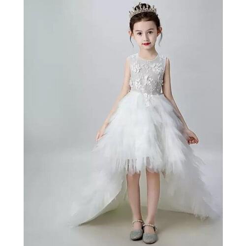 Flower Girl Dresses Illusion Appliques Pearls Embroidery Sleeveless O-Neck Princess Knee-Length Tulle Lace Kids Party Gown H463
