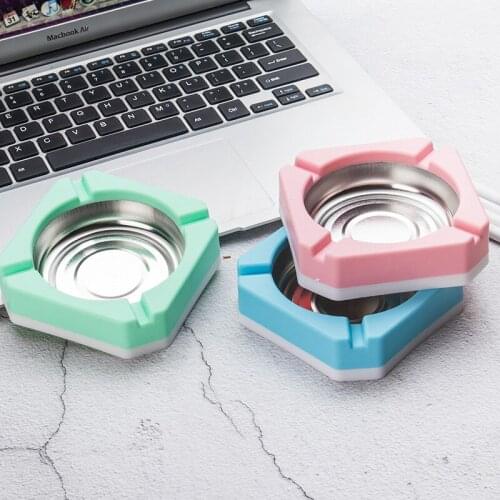 Home Office Hotel Ashtray Household Candy Color Plastic Stainless Steel Square Edge Ashtray