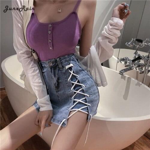 JuneRain Summer Denim High Waist Criss-Cross Bandage Skirt Shorts Women Fashion Sexy Tight Elastic Short Jeans Drawstring Bottom
