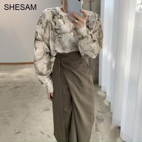 Korean Chic Autumn Printing Bubble Sleeve Shirt High Waist Twist Skirt Long Skirt Suit
