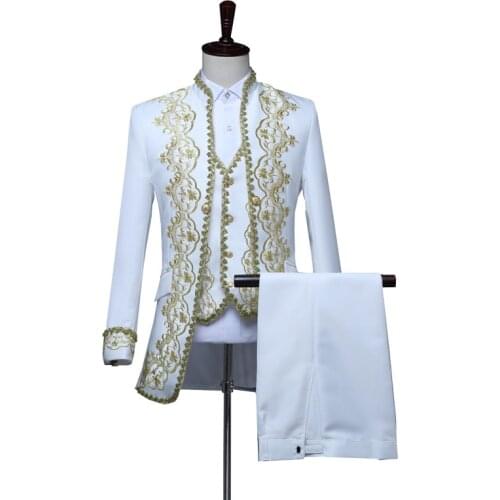 3 Piece Suit Deluxe Vintage Medieval Fancy Blazer Vest Suit Groom Wedding Suit For Men Male Costume White Black Plus Size S-3XL