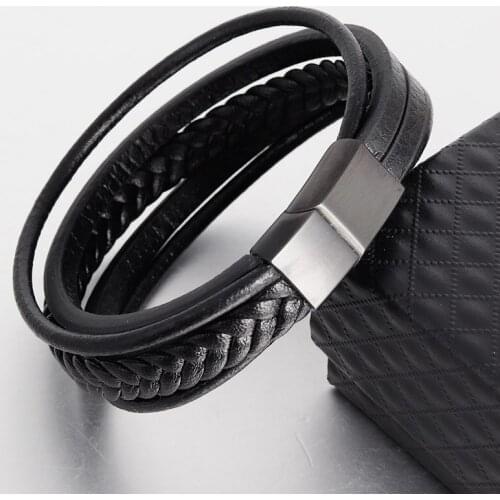 Leather Handmade Bracelet Leather Braided Multi-layer Mens Leather Bracelet Retro Stainless Steel Leather Rope Bracelet