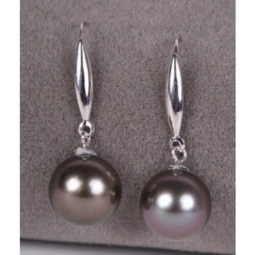 ROUND BLACK 10-11MM AAA SOUTH SEA PEARL DANGLE EARRING 925s
