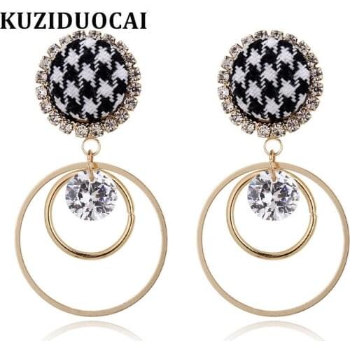 Kuziduocai New Fashion Fine Jewelry Zircon Flannel Grid Pattern Circle Round Stud Tassel Earrings For Women Gift Brincos E-91