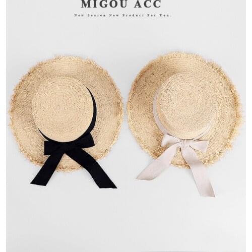 Handmade Weave 100%Raffia Sun Hats For Women Black Ribbon Lace Up Large Brim Straw Hat Outdoor Beach Summer Caps Chapeu Feminino