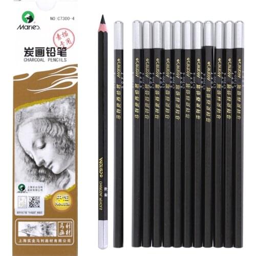 Maries 12Pcs Professional Wood Sketch Charcoal Soft/Neutral/Hard Charcoal Pencils Set for Student Drawing Sketching Art Supplies