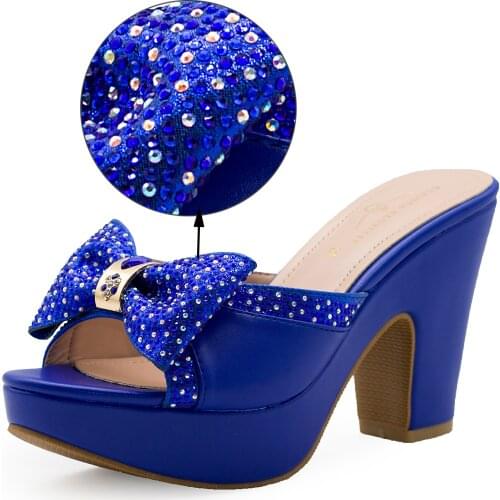 6245-7 Blue Bowknot Women Shoes High Heels Platform Party Dress Mules Sandals High Heeled Slippers Luxury Heels Slides Ladies