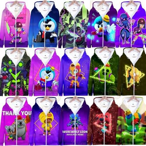 2020 New Cartoon Boy Girl Leon Zipper Hoodies Hot Game Browl Star Max Kids 3D Print Sweatshirts Elastic Tops Child Clothes Gift