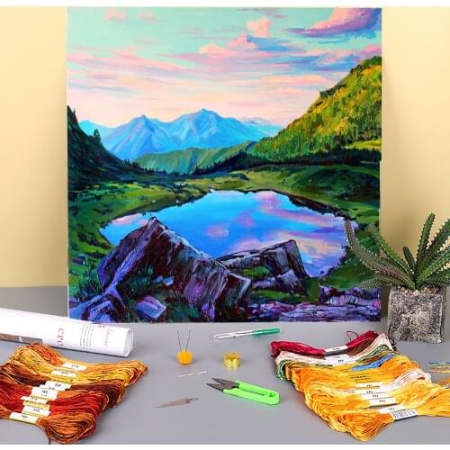 Landscape Mountain Lake Printed Fabric 11CT Cross Stitch Complete Kit Embroidery DMC Threads Craft Painting Knitting Decor