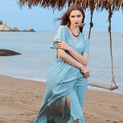 Traf 2021Summer New Chiffon Dress Large Swing Skirt Lace Waist Adjustable Breathable V-Neck Beach Skirt Fashion Long Lotus Leaf