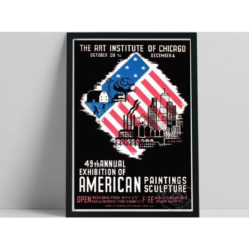 Chicago Exhibition Printed Poster, Modern American Art Canvas Painting, Vintage Art Blue Red Black White Wall Picture Home Decor