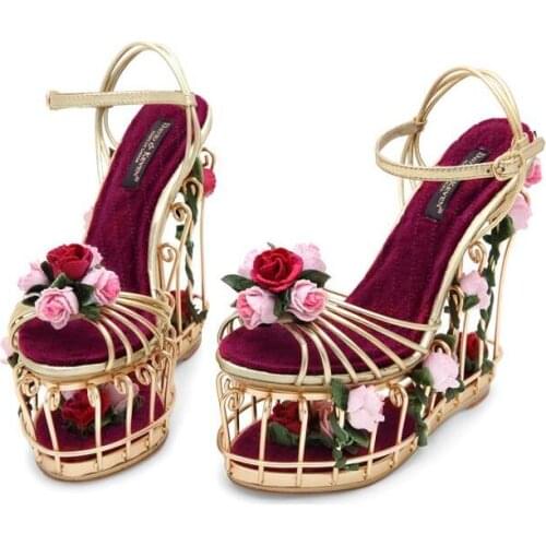 Luxury woman metal birdcage 3D flowers sandals metal wedge cut out heel sandals hollow birdcage flower very high platform sandal