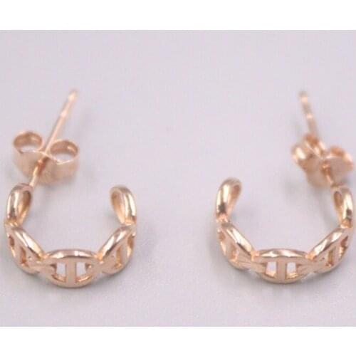 Pure 18K Rose Gold Earrings Women Gift Lucky Anchor Link Half Moon Stud Earrings / 1.8-2g / 21*4mm AU750