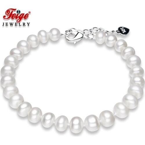 FEIGE Genuine 6.5-7.5mm Natural Freshwater Pearl Bracelet for Women Classic Style Wedding Dress Jewelry Hand Chain Genuine Pearl