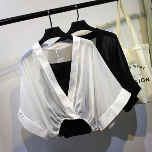 Women 2020 Two piece set Plus Size Chiffon Shirts Summer Half Sleeve Loose V-Neck Floral stripes Blouses sweet Ladies short Tops