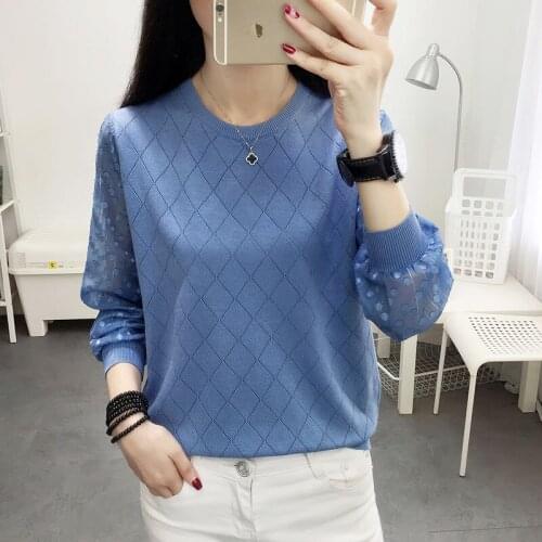 Large Size Womens Knitwear Chiffon Long Sleeve Splicing Spring And Autumn Thin Sweater Lady Solid Fashion Casual Loose Top