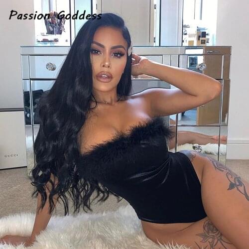 Women Cute Feathers Rompers Black Fur Bodysuits Outfits Slim Off The Shoulder Bodysuit Short Jumpsuits Body Femme Basic Overalls