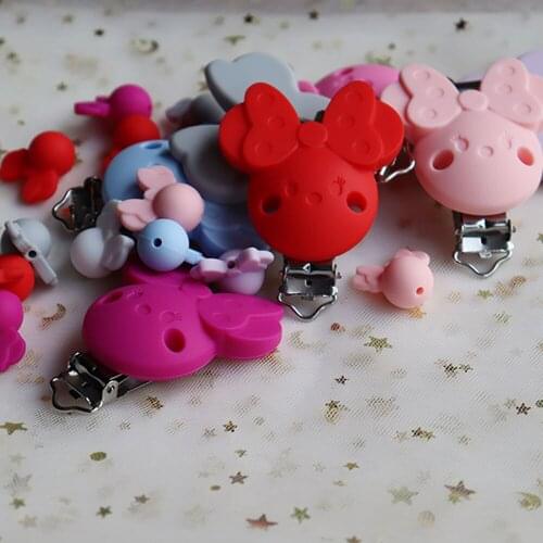 1Piece Mouse Silicone Pacifier Clip with 2 Silicone Beads DIY Teething Necklace Bead Baby Products Nursing Gift Round Accessorie