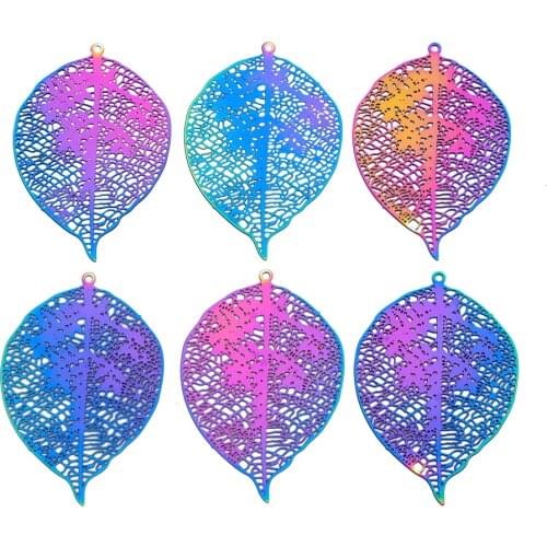 50pcs 201 Stainless Steel Etched Metal Embellishments Leaf Pendants Multi-color for DIY necklace Earring Jewelry making